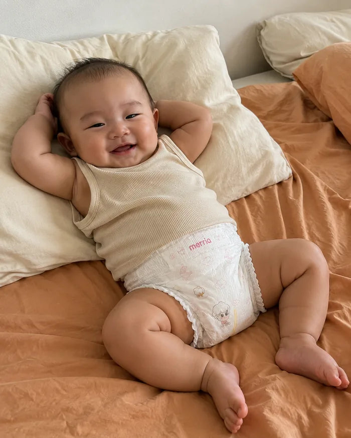 Bé nằm chơi, mặc bỉm dán Merria Maternal Cotton