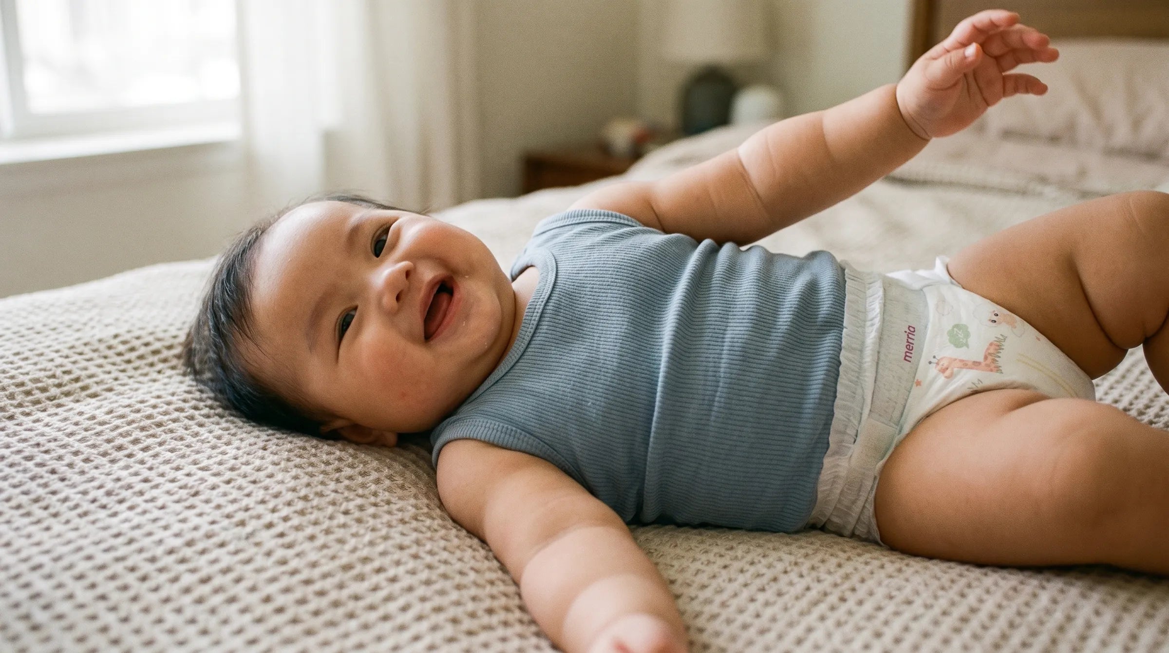 Bé nằm cười trên giường cùng tã Merria
