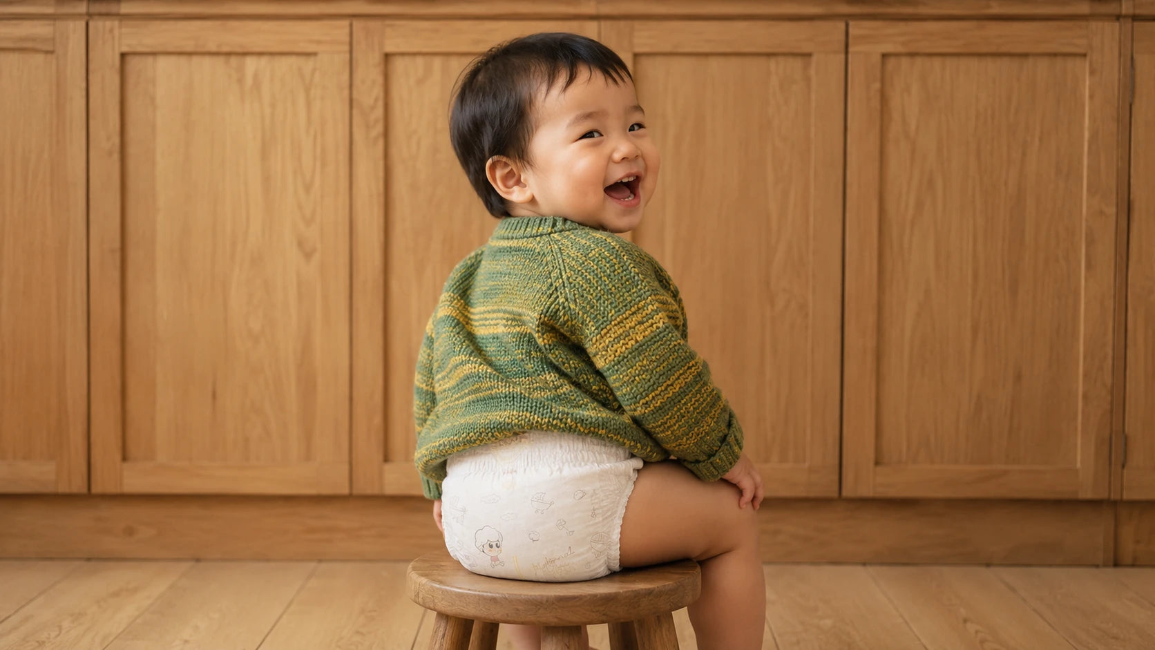 Bé mặc tã quần Merria ngồi chơi trong bếp